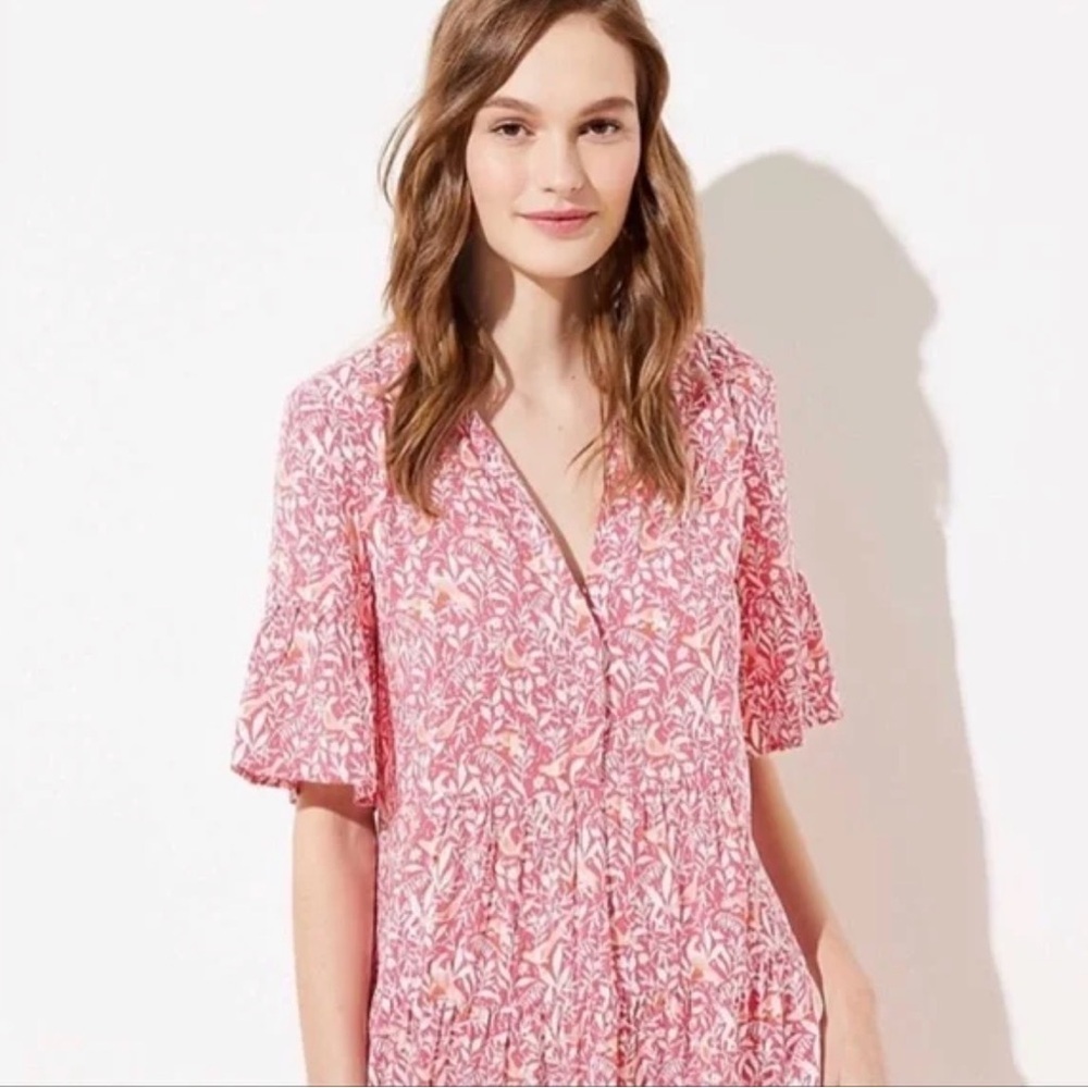 LOFT Pink Bird Print Tiered Ruffle Sleeve Mini Dress